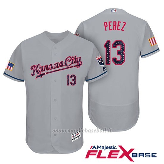Maglia Baseball Uomo Kansas City Royals 2017 Estrellas y Rayas Salvador Perez Grigio Flex Base